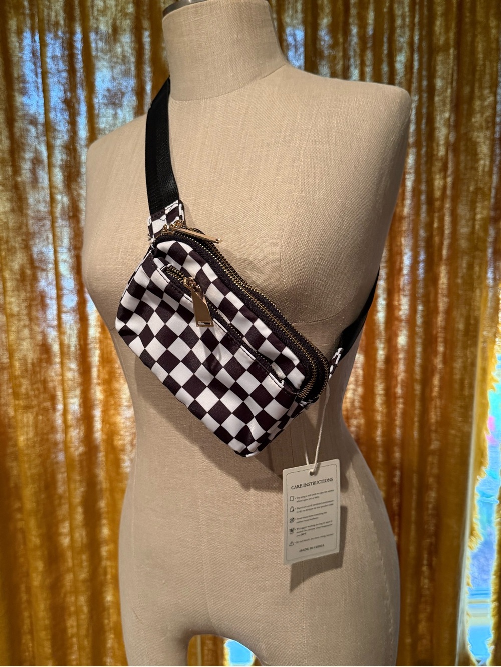 Checkerboard Crossbody Belt Bag - Black & White